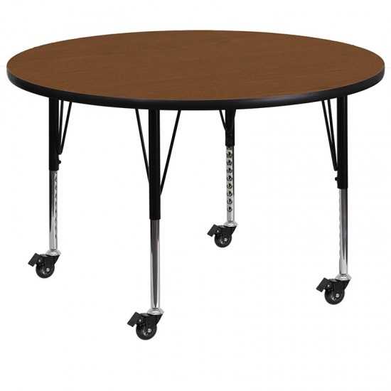 Mobile 48'' Round Oak HP Laminate Activity Table - Height Adjustable Short Legs