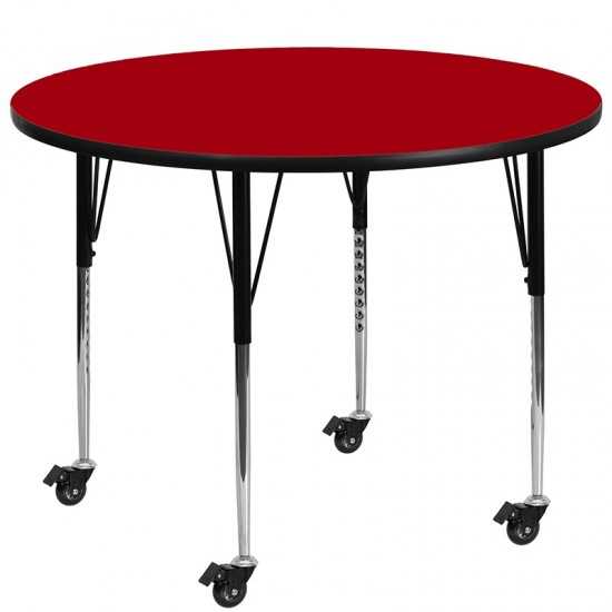 Mobile 60'' Round Red Thermal Laminate Activity Table - Standard Height Adjustable Legs