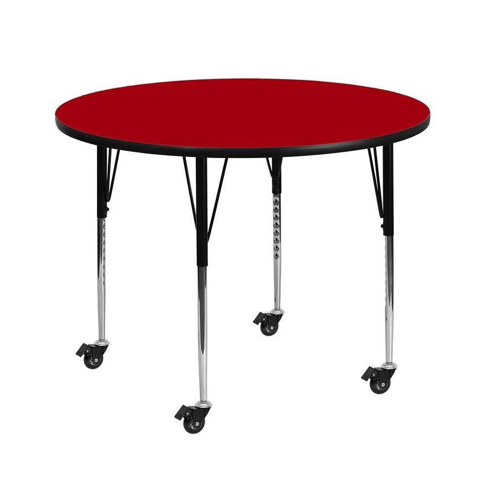 Mobile 60'' Round Red Thermal Laminate Activity Table - Standard Height Adjustable Legs