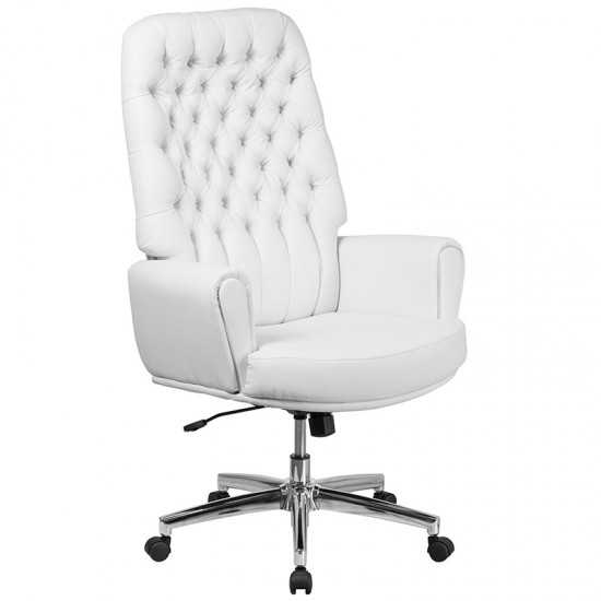 High Back Traditional Tufted White LeatherSoft Executive Swivel Office Chair with Arms