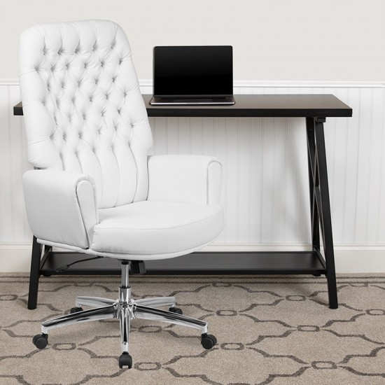 High Back Traditional Tufted White LeatherSoft Executive Swivel Office Chair with Arms