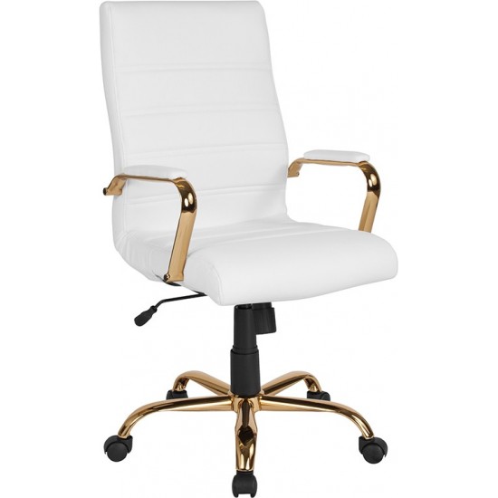 High Back White LeatherSoft Executive Swivel Office Chair with Gold Frame and Arms