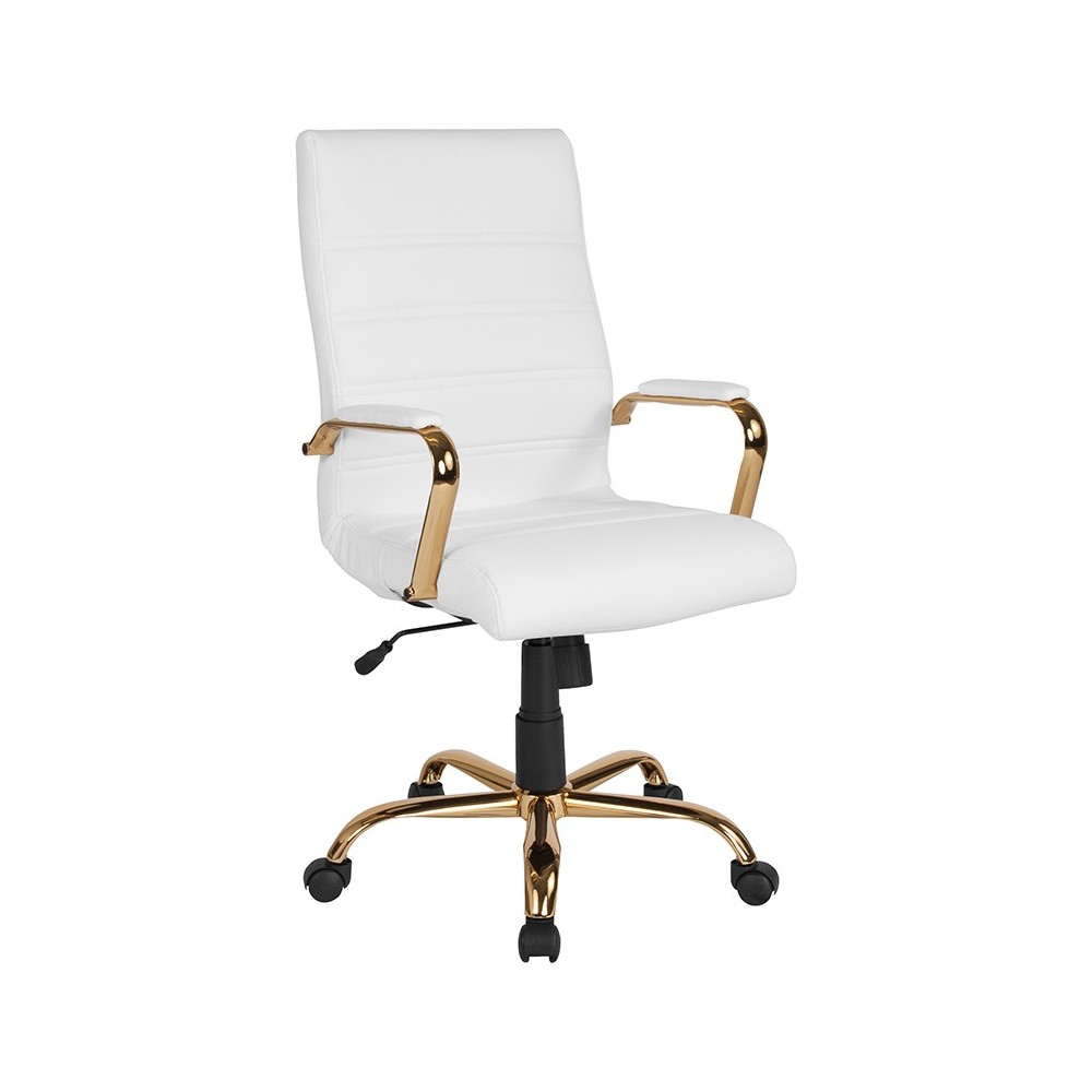 High Back White LeatherSoft Executive Swivel Office Chair with Gold Frame and Arms High Back White LeatherSoft Executive Swivel Office Chair with Gold Frame and Arms