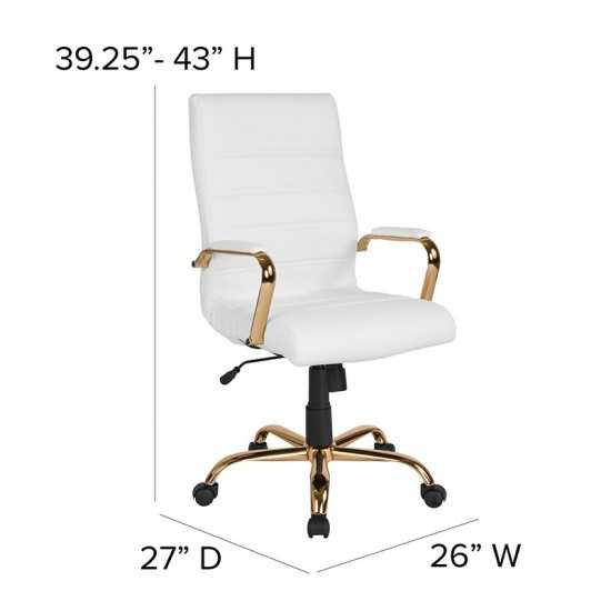 High Back White LeatherSoft Executive Swivel Office Chair with Gold Frame and Arms