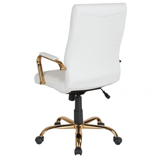 High Back White LeatherSoft Executive Swivel Office Chair with Gold Frame and Arms