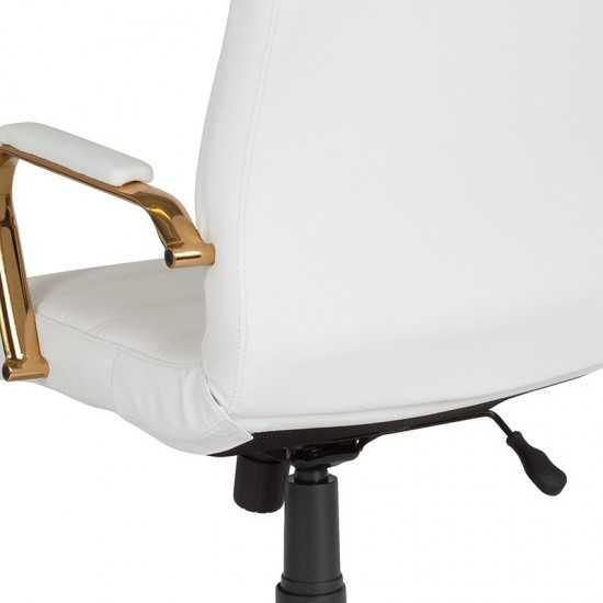 High Back White LeatherSoft Executive Swivel Office Chair with Gold Frame and Arms