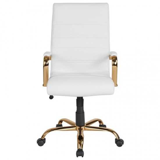 High Back White LeatherSoft Executive Swivel Office Chair with Gold Frame and Arms