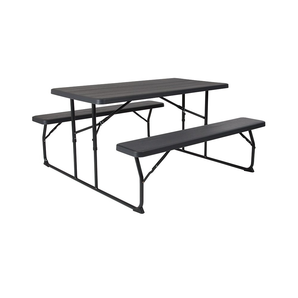 Insta-Fold Charcoal Wood Grain Folding Picnic Table and Benches