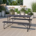 Insta-Fold Charcoal Wood Grain Folding Picnic Table and Benches