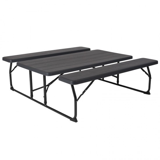 Insta-Fold Charcoal Wood Grain Folding Picnic Table and Benches