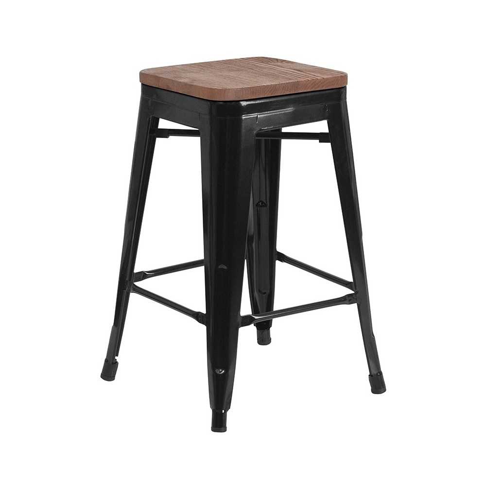 24" High Backless Black Metal Counter Height Stool with Square Wood Seat