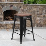 24" High Backless Black Metal Counter Height Stool with Square Wood Seat