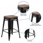 24" High Backless Black Metal Counter Height Stool with Square Wood Seat