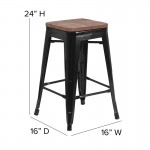 24" High Backless Black Metal Counter Height Stool with Square Wood Seat