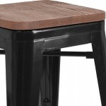 24" High Backless Black Metal Counter Height Stool with Square Wood Seat