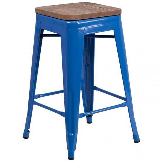 24" High Backless Blue Metal Counter Height Stool with Square Wood Seat