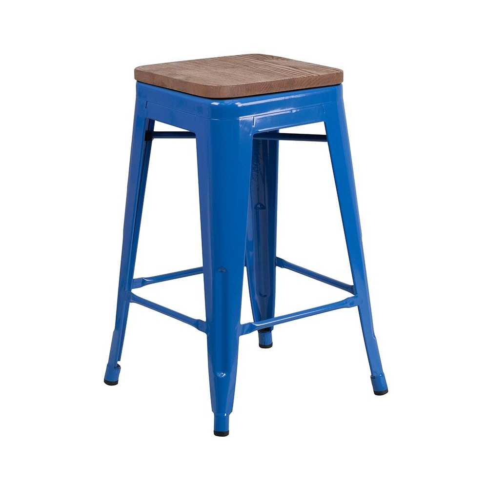 24" High Backless Blue Metal Counter Height Stool with Square Wood Seat