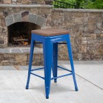 24" High Backless Blue Metal Counter Height Stool with Square Wood Seat