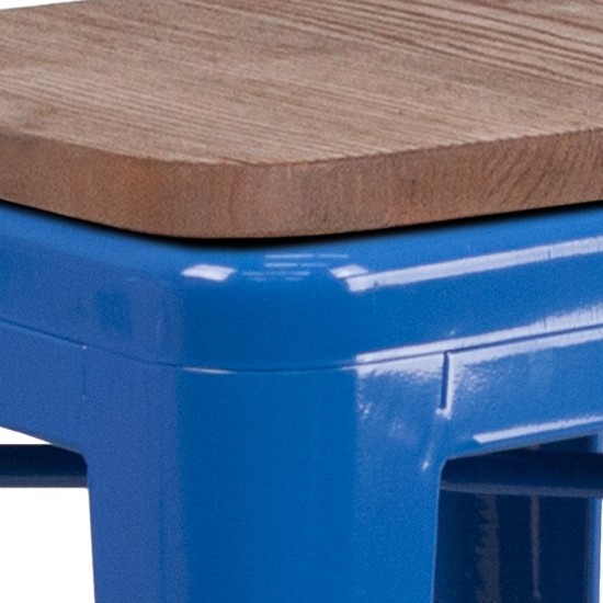 24" High Backless Blue Metal Counter Height Stool with Square Wood Seat