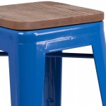 24" High Backless Blue Metal Counter Height Stool with Square Wood Seat