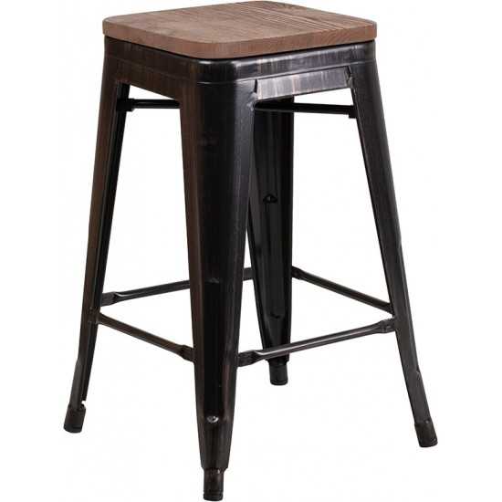 24" High Backless Black-Antique Gold Metal Counter Height Stool with Square Wood Seat