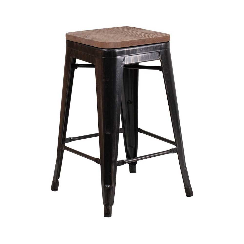 24" High Backless Black-Antique Gold Metal Counter Height Stool with Square Wood Seat