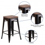 24" High Backless Black-Antique Gold Metal Counter Height Stool with Square Wood Seat