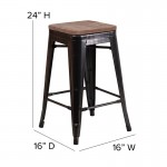 24" High Backless Black-Antique Gold Metal Counter Height Stool with Square Wood Seat