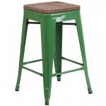 24" High Backless Green Metal Counter Height Stool with Square Wood Seat