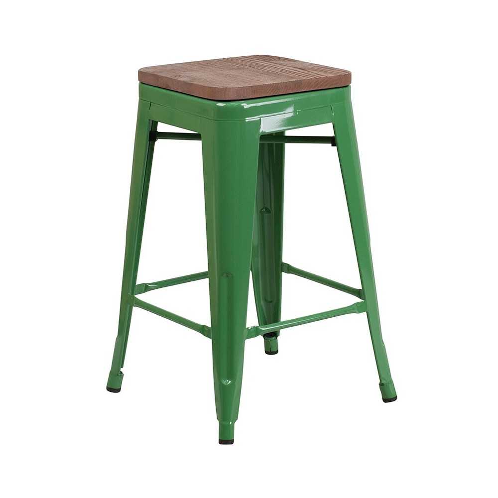 24" High Backless Green Metal Counter Height Stool with Square Wood Seat