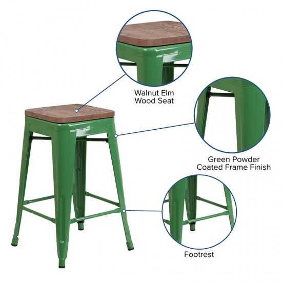 24" High Backless Green Metal Counter Height Stool with Square Wood Seat