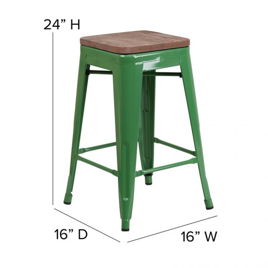 24" High Backless Green Metal Counter Height Stool with Square Wood Seat