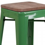 24" High Backless Green Metal Counter Height Stool with Square Wood Seat