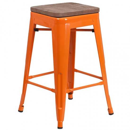 24" High Backless Orange Metal Counter Height Stool with Square Wood Seat