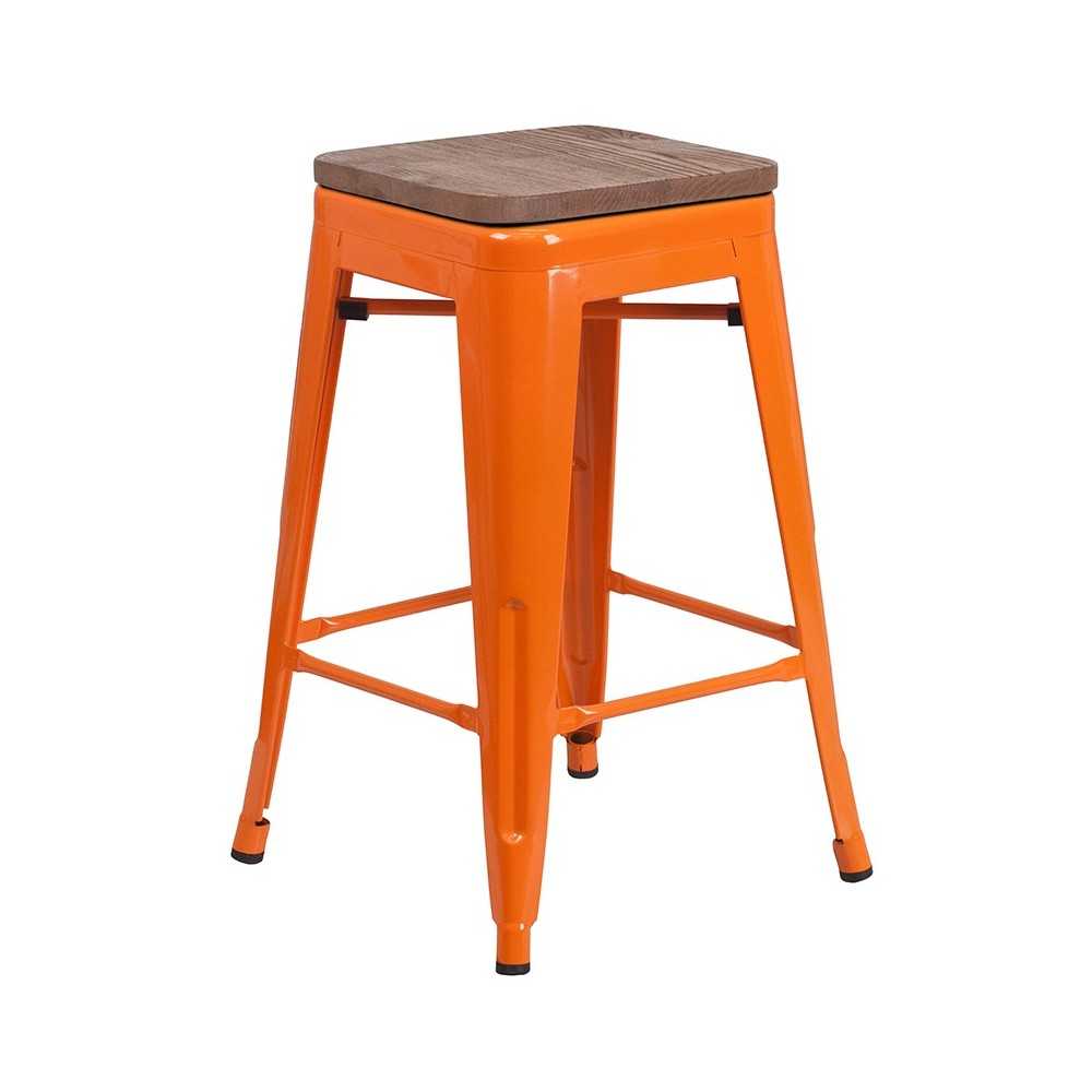 24" High Backless Orange Metal Counter Height Stool with Square Wood Seat