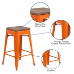 24" High Backless Orange Metal Counter Height Stool with Square Wood Seat