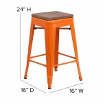 24" High Backless Orange Metal Counter Height Stool with Square Wood Seat