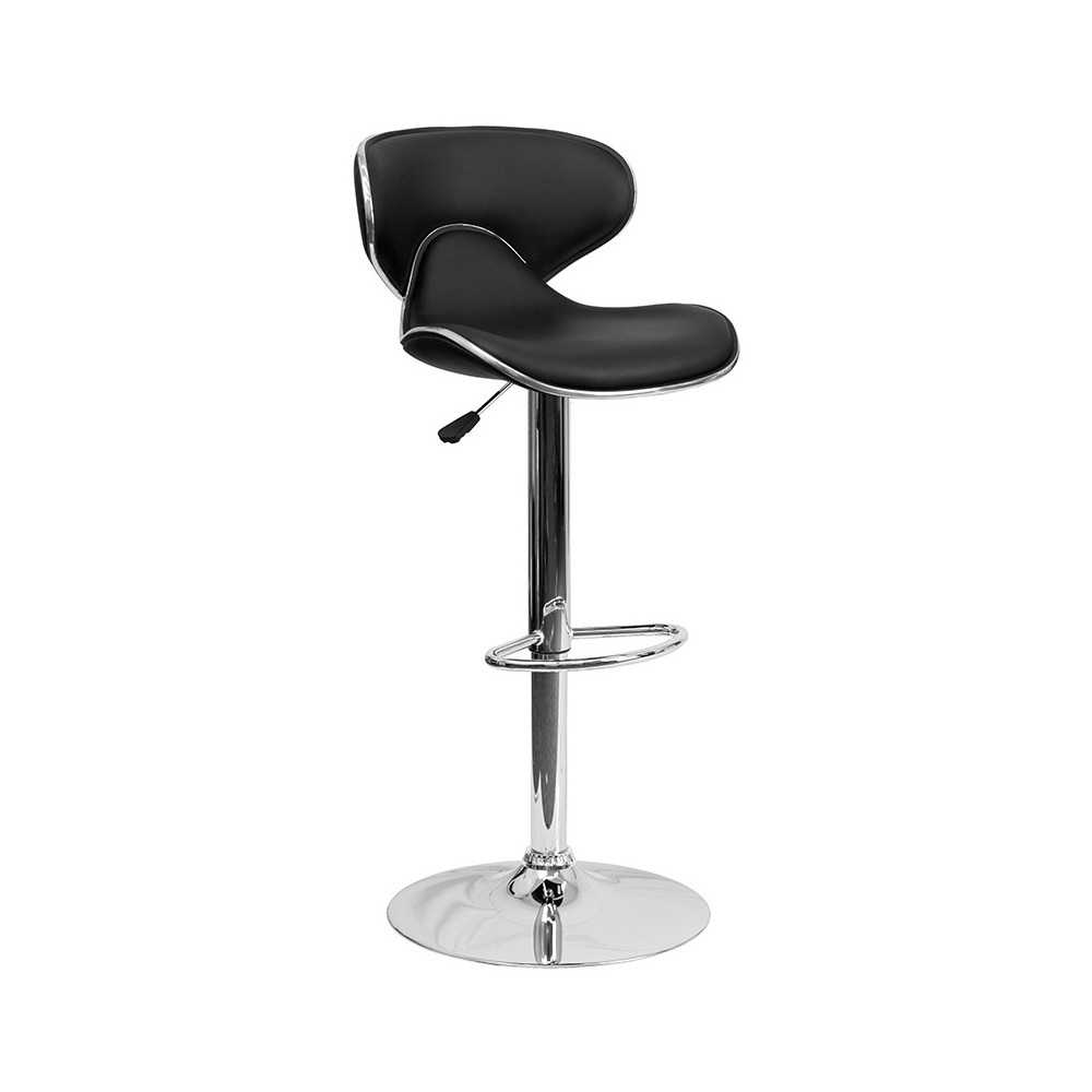 Contemporary Cozy Mid-Back Black Vinyl Adjustable Height Barstool with Chrome Base