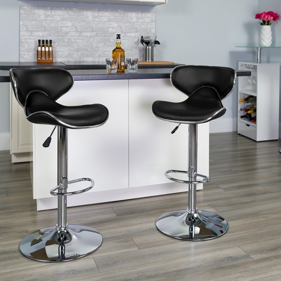 Contemporary Cozy Mid-Back Black Vinyl Adjustable Height Barstool with Chrome Base