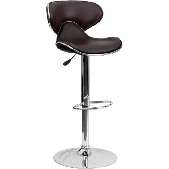 Contemporary Cozy Mid-Back Brown Vinyl Adjustable Height Barstool with Chrome Base