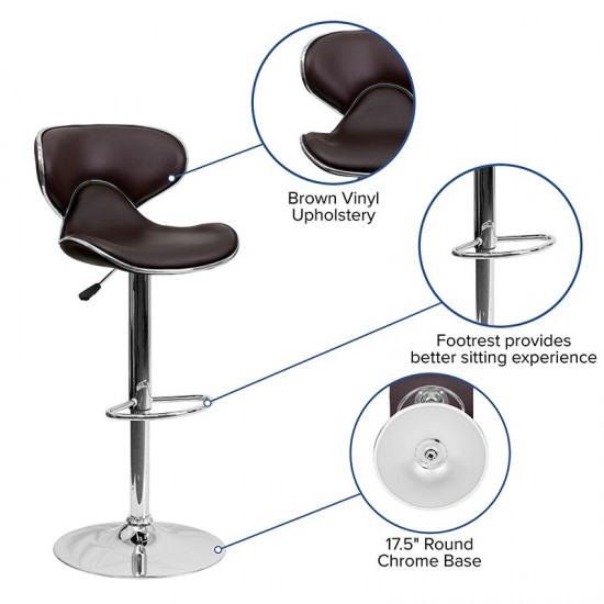 Contemporary Cozy Mid-Back Brown Vinyl Adjustable Height Barstool with Chrome Base