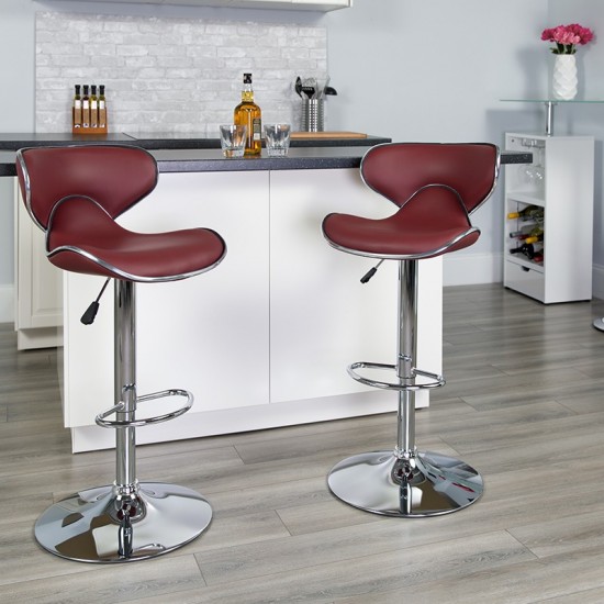 Contemporary Cozy Mid-Back Burgundy Vinyl Adjustable Height Barstool with Chrome Base