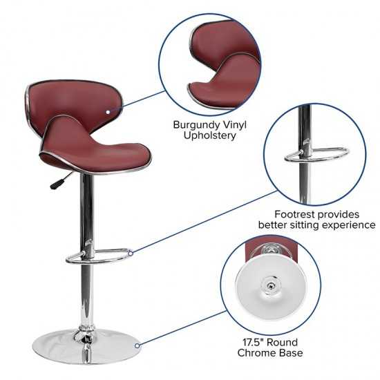 Contemporary Cozy Mid-Back Burgundy Vinyl Adjustable Height Barstool with Chrome Base