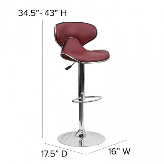 Contemporary Cozy Mid-Back Burgundy Vinyl Adjustable Height Barstool with Chrome Base