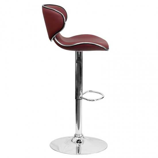 Contemporary Cozy Mid-Back Burgundy Vinyl Adjustable Height Barstool with Chrome Base