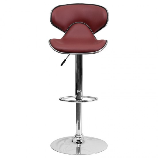 Contemporary Cozy Mid-Back Burgundy Vinyl Adjustable Height Barstool with Chrome Base