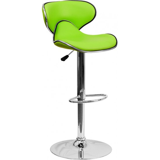 Contemporary Cozy Mid-Back Green Vinyl Adjustable Height Barstool with Chrome Base