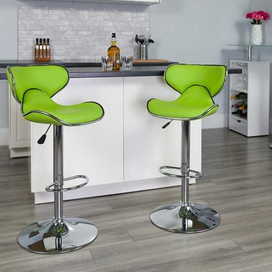 Contemporary Cozy Mid-Back Green Vinyl Adjustable Height Barstool with Chrome Base