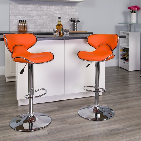 Contemporary Cozy Mid-Back Orange Vinyl Adjustable Height Barstool with Chrome Base