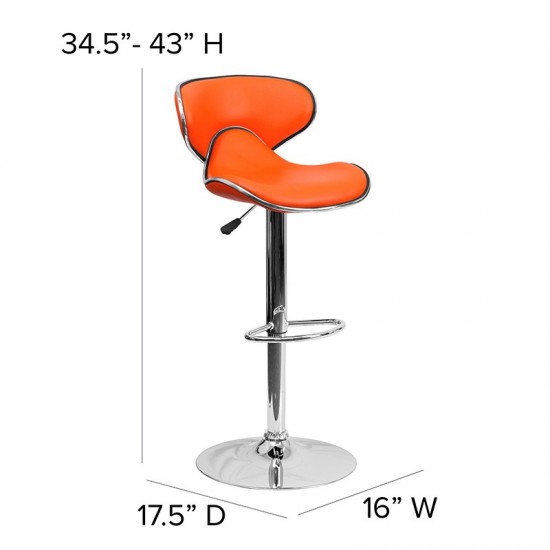 Contemporary Cozy Mid-Back Orange Vinyl Adjustable Height Barstool with Chrome Base